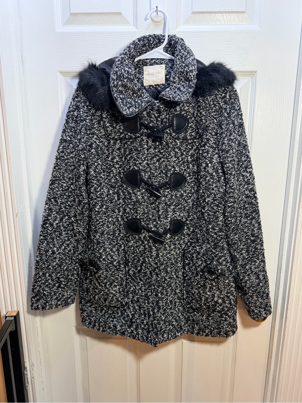 Altar'd State Black & White Toggle-Front Pea Coat with Faux-Fur Trim